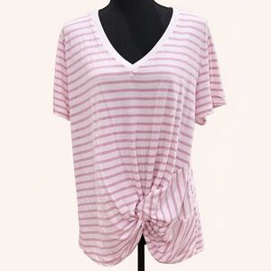 Tribal Pink White Stripe Twist Front V-Neck Tee XL